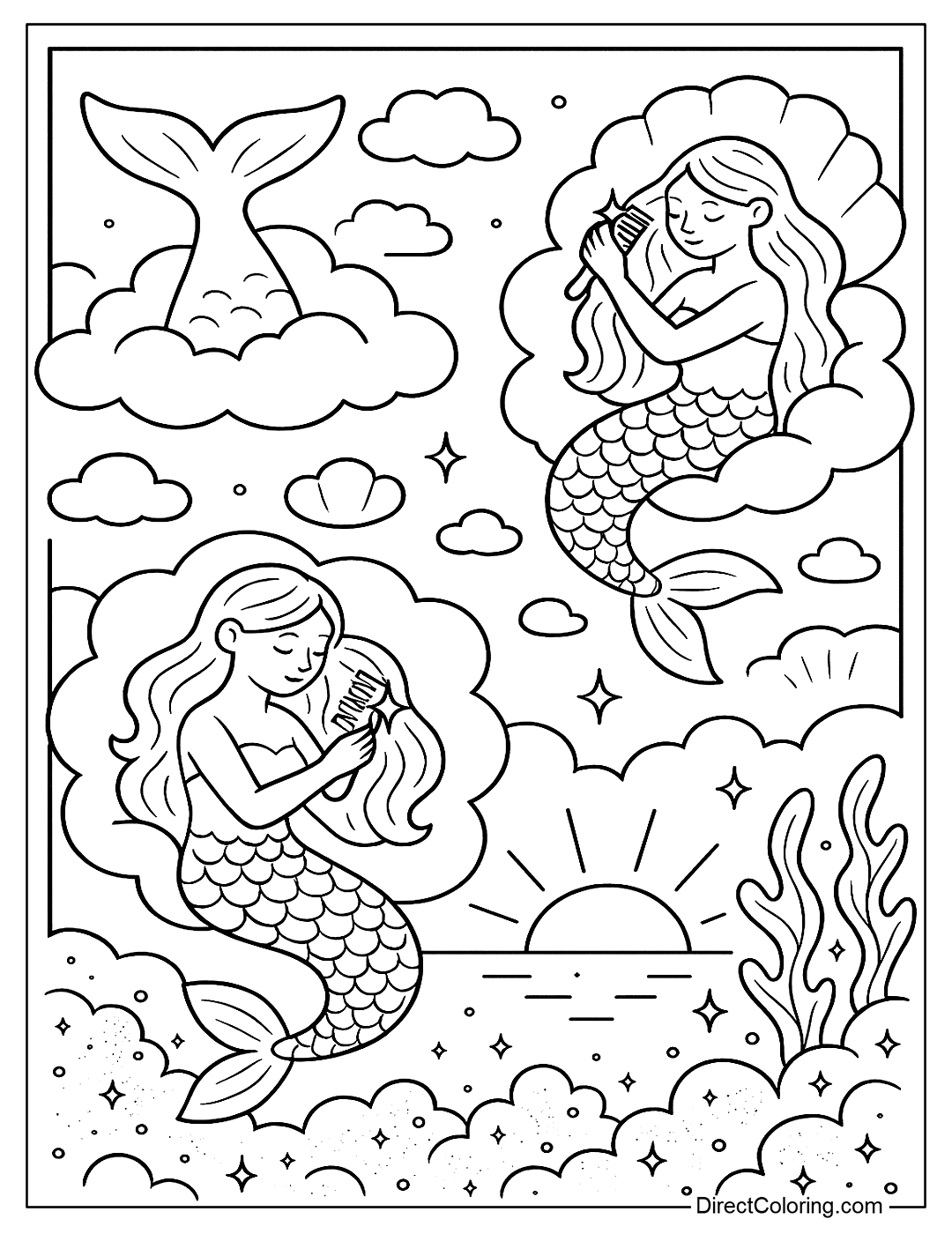 Clouds shaped like whale tails and seashells, floating in a sunset sky coloring sheet